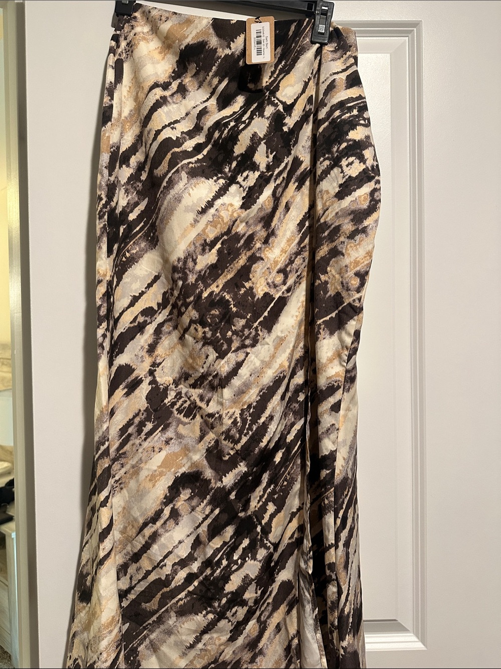 vestique Satin Abstract Maxi Skirt in Brown, Cream & Black